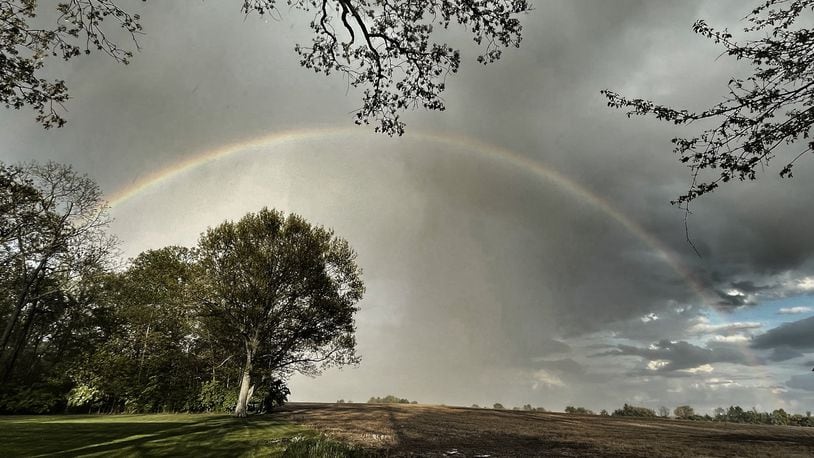 Rainbow forms over Farmersville in western Montgomery county Monday May 8, 2023. Jim Noelker/Staff