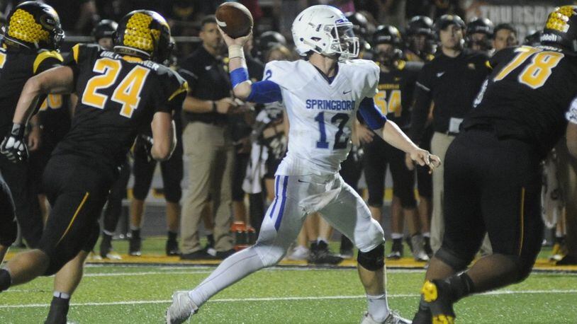 Springboro QB Cameron Rountree unloads. Centerville defeated visiting Springboro 31-19 in a Week 5 high school football GWOC crossover game on Thursday, Sept. 21, 2017. MARC PENDLETON / STAFF