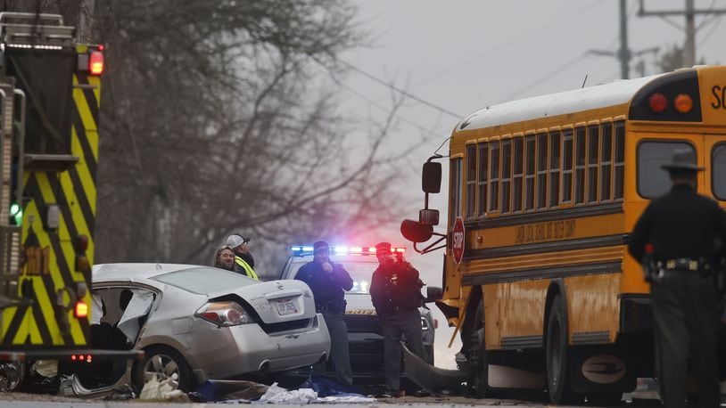 A school bus crash in Lakota Schools has left a vehicle driver in critical condition and three students with minor injuries. The crash, which happened around 3:45 p.m. near the intersection of Lesourdsville-West Chester and Yamasee roads in Liberty Twp. saw students involved being transported back to their school in another bus and picked up by their parents, said Lakota officials. (Photo By Nick Graham\Journal-News)
