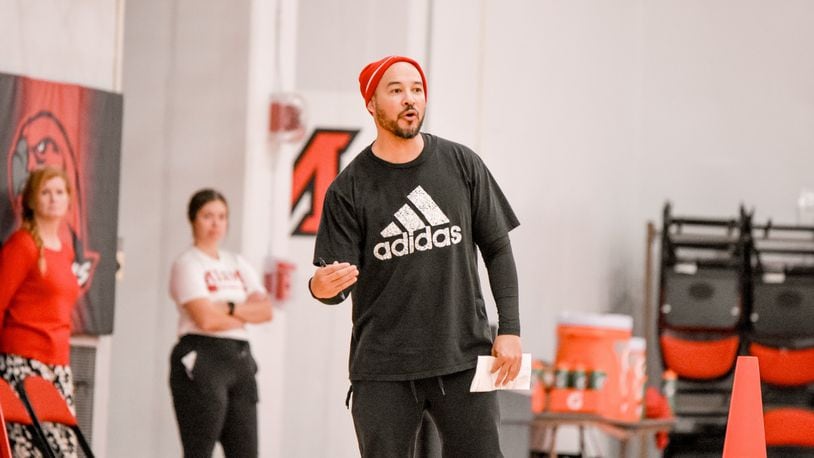 Miami women's basketball coach Glenn Box works with his team during a recent summer drills session. Miami University Athletics photo