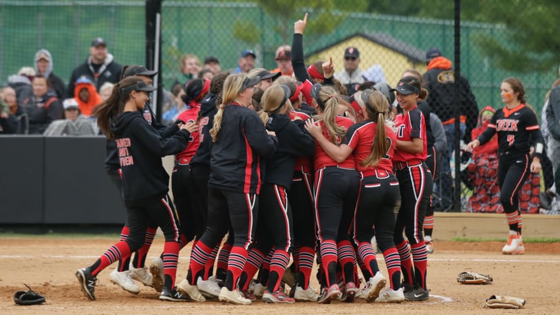 Lakota West celebrates after a victory against Beavercreek in a Division I regional championship on Saturday, May 29, 2021, at Centerville High School. David Jablonski/Staff