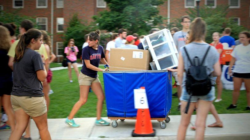 Universiity of Dayton students move into Founders Hall for the start of the new academic year in 2016. JIM NOELKER / STAFF