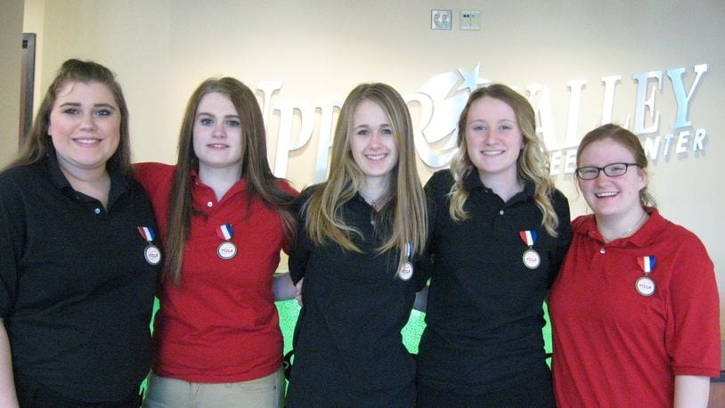 Pictured from left, Bridget Horner, Kings Senior, Gold Medal in Language and Literacy; Laney Buckelew, Kings Junior, Gold Medal in Specific Task Assessment; Kimi Reed, Fayettville/Perry Senior, Gold Medal in Specific Task Assessment; Emma Davis, Lebanon Senior, Gold Medal in Curriculum Unit Development; and Shyla Wallace, Little Miami Junior, Gold Medal in Specific Task Assessment. CONTRIBUTED