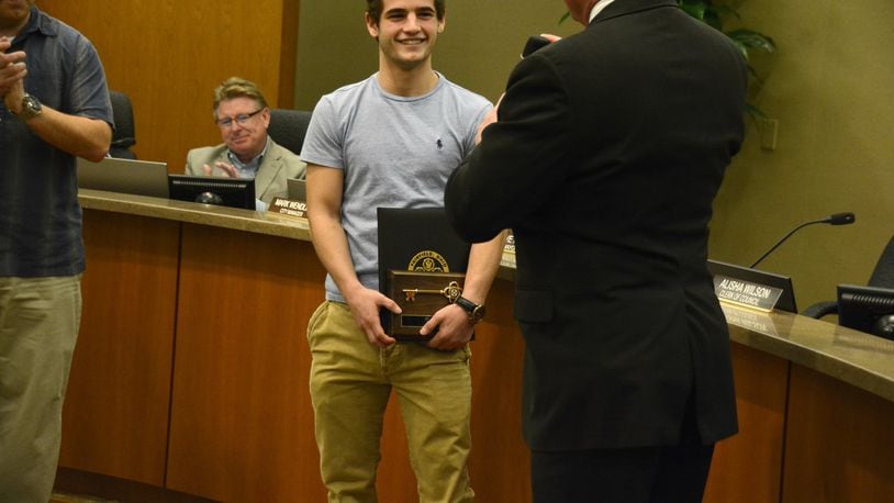 Fairfield wrestler Zach Schupp won the 106-pound Division I state championship on March 10, 2018, avenging a state championship loss from a year earlier. Schupp was honored by Fairfield City Council on March 26, 2018, with a proclamation and a key to the city presented by Fairfield Mayor Steve Miller. MICHAEL D. PITMAN/STAFF