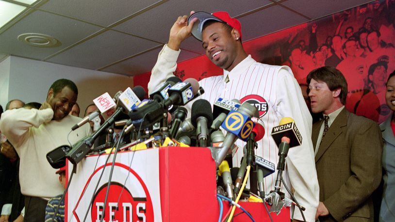 10 Feb 2000: Ken Griffey Jr. of the Cincinnati Reds talks during a press conference at Cinergy Field in Cincinnati, Ohio.. Ezra O. Shaw /Allsport