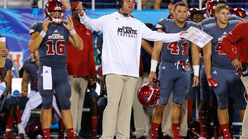 BOCA RATON, FL - OCTOBER 26: Head coach Lane Kiffin of the Florida Atlantic Owls reacts on the sideline after a penalty call against the Louisiana Tech Bulldogs during the second half at FAU Stadium on October 26, 2018 in Boca Raton, Florida. (Photo by Michael Reaves/Getty Images)