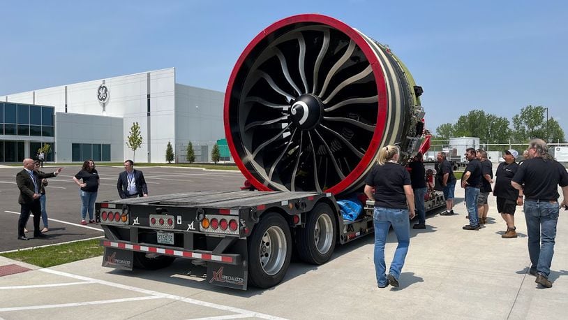 The GE9X, designed for the Boeing 777 family of planes, is the largest and most powerful commercial aircraft engine ever built, GE Aerospace says. This engine could be seen in the parking lot of the GE production facility off Research Boulevard Friday. THOMAS GNAU/STAFF