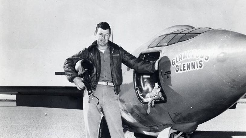 Chuck Yeager standing next to the Bell X-1 “Glamorous Glennis” that the test pilot broke the sound barrier in on Oct. 14, 1947. NATIONAL MUSEUM OF THE U.S. AIR FORCE