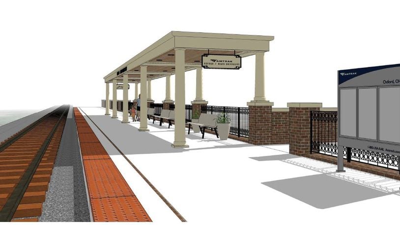 An Oxford Amtrak platform is still to be designed, but this sketch was provided by the committee to give a general idea of what is envisioned as the starting point for a passenger train stop in the city. CONTRIBUTED