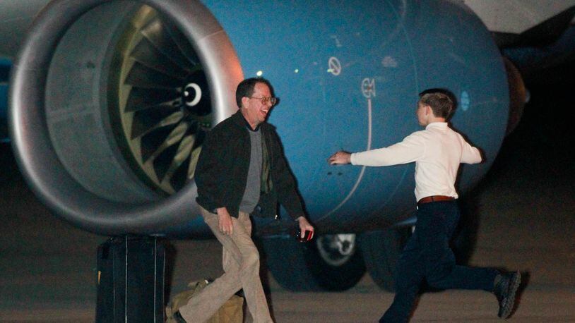 The plane carrying Jeffrey Fowle of West Carrollton, detained for more than five months in North Korea in 2014, greeted his son first upon arriving at Wright-Patterson Air Force Base. FILE PHOTO