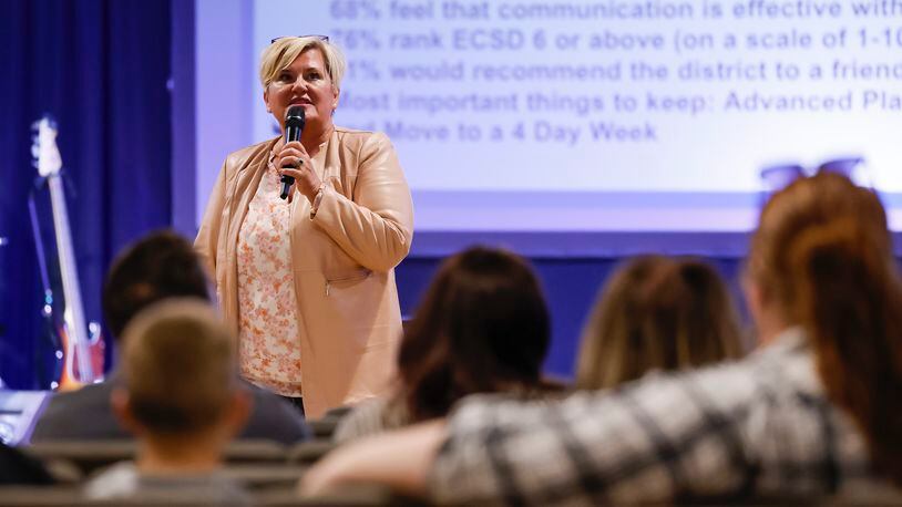 Edgewood City Schools Superintendent Kelly Spivey spoke to a crowd of around sixty people about district finances during a meeting Tuesday, April 25, 2023 at Foundation Community Church in Trenton.
