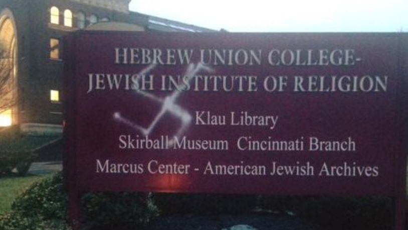 A sign at Hebrew Union College, a seminary school in Cincinnati, was vandalized with a swastika this week. Photos of the sign have been circulating on Twitter since the swastika was discovered Tuesday.