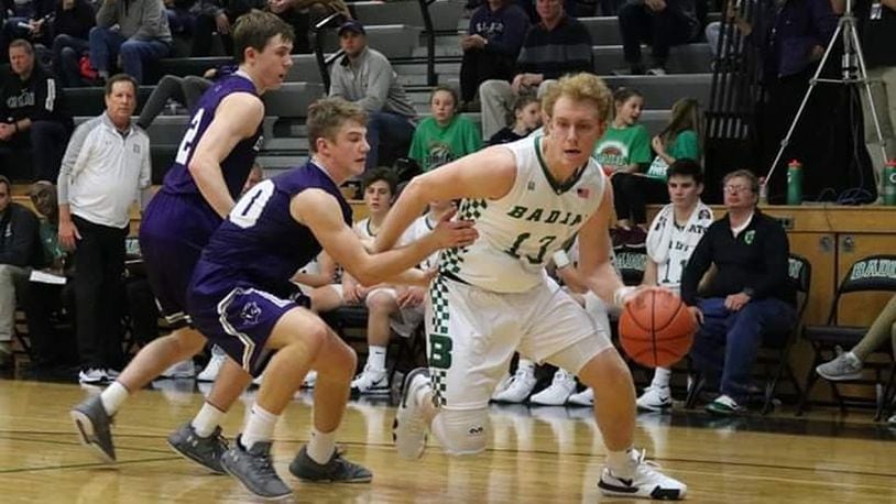 Badin’s Justin Pappas (13) gets a step on Elder’s Matthew Luebbe (10) during a Dec. 4 game at Mulcahey Gym in Hamilton. The host Rams won 57-53. CONTRIBUTED PHOTO BY TERRI ADAMS