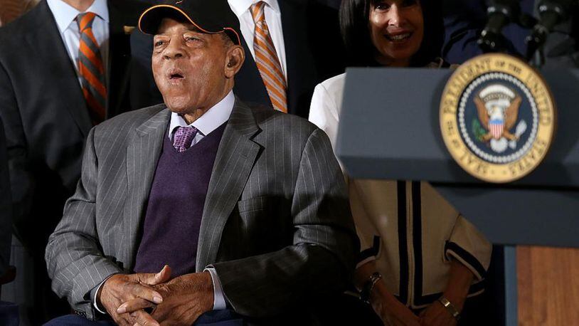 Willie Mays joined the San Francisco Giants in June 2015 when President Barack Obama honored the 2014 World Series champions.