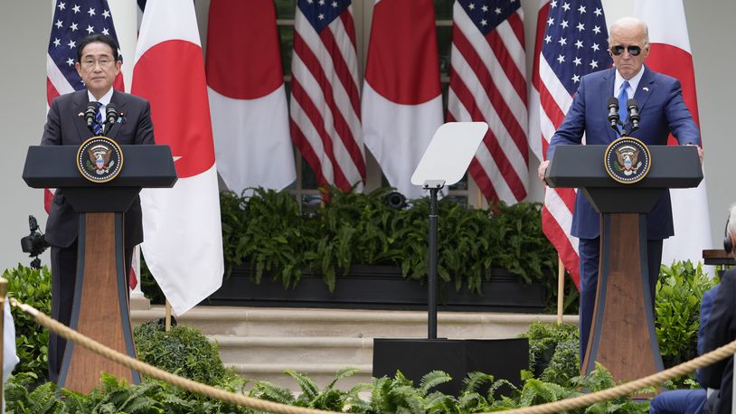President Joe Biden and Japanese Prime Minister Fumio Kishida participate in a news conference in the Rose Garden of the White House, Wednesday, April 10, 2024, in Washington. (AP Photo/Alex Brandon)