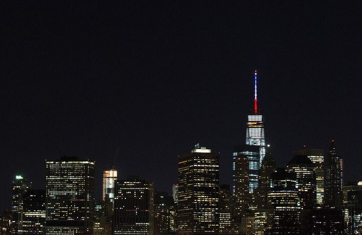 One World Trade Center lit in French flag colors