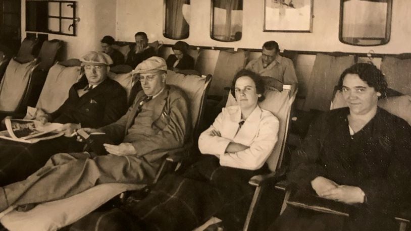 On board the ship which brought her to this country, Martha Engler wearing white jacket, second from right, rests with other passengers. They arrived here on the Fourth of July 1938 complete with a fireworks show on arrival. CONTRIBUTED