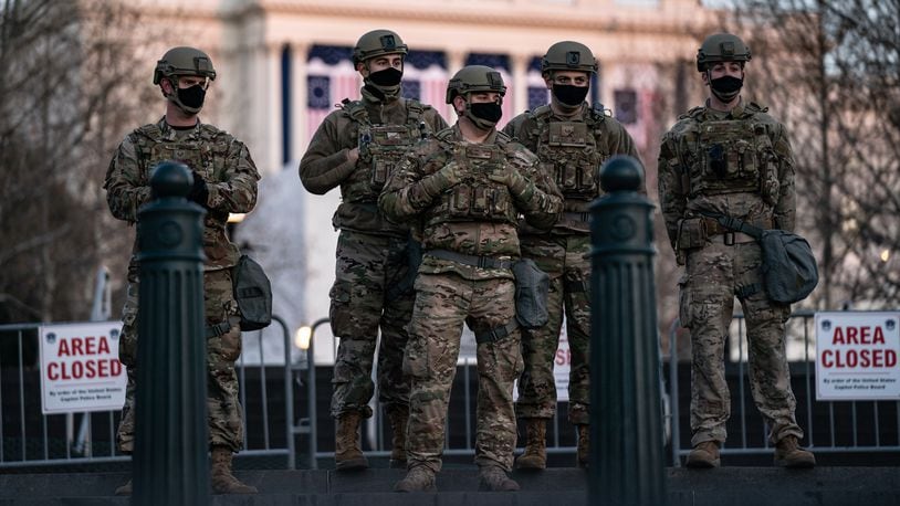 National Guard troops outside the Capitol in Washington on Tuesday, Jan. 12, 2020. Security experts have warned that some far-right extremist groups have now started to focus attention on Inauguration Day and are already discussing an assault similar to the one on the Capitol last week. (Anna Moneymaker/The New York Times)