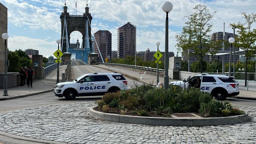The Roebling Suspension Bridge shut down Sunday, Sept. 17, 2023 for a bomb threat. This is the second bomb threat at the bridge in one week. CONTRIBUTED