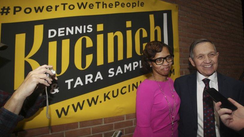 Akron City Councilwoman Tara Samples (left) and former U.S. Representative Dennis Kucinich talk to the media after Kucinich announced Samples as his running mate for Ohio governor at the Burning Bush church Friday, Jan. 19, 2017. Karen Schiely/The Akron Beacon Journal