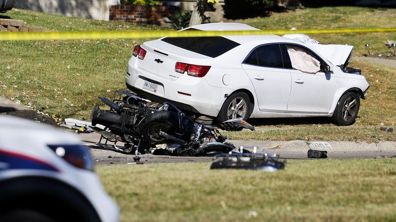 A white sedan was involved in a crash with a motorcycle on Roosevelt Boulevard in Middletown around 3 p.m. Saturday, Oct. 8, 2022. NICK GRAHAM/STAFF
