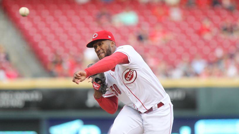 Reds starter Amir Garrett pitches against Indians on Tuesday, May 23, 2017, at Great American Ball Park in Cincinnati. David Jablonski/Staff