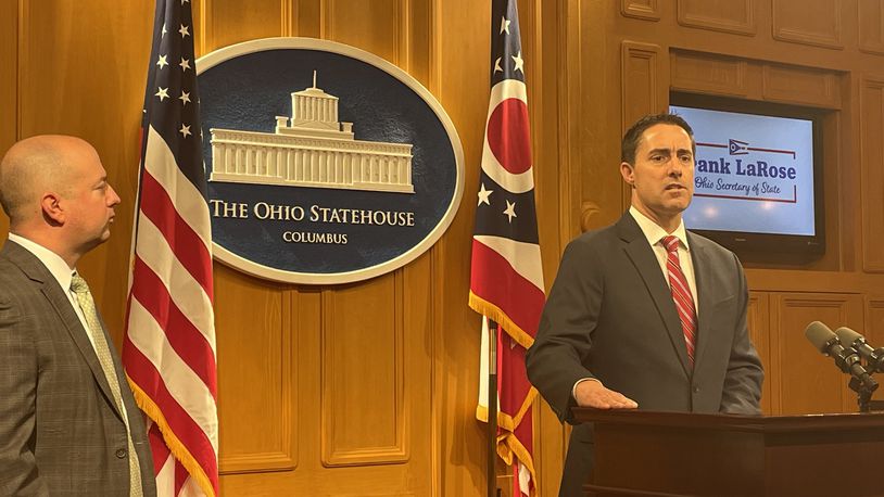 Ohio Secretary of State Frank LaRose, right, announces a proposed amendment to the Ohio Constitution on Nov. 17, 2022. The amendment would make it harder for future amendments via citizen petition drives to pass. At left is state Rep. Brian Stewart, R-Ashville, who sponsors the proposal.