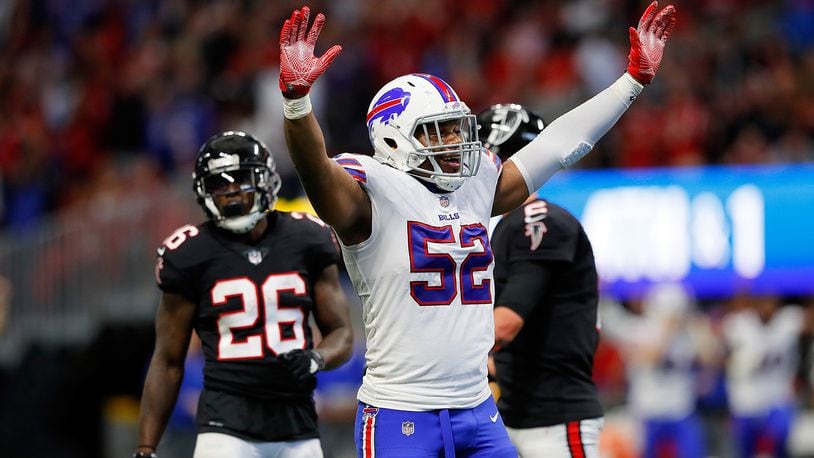ATLANTA, GA - OCTOBER 01: Preston Brown #52 of the Buffalo Bills celebrates stopping the Atlanta Falcons on fourth and one during the second half at Mercedes-Benz Stadium on October 1, 2017 in Atlanta, Georgia. (Photo by Kevin C. Cox/Getty Images)