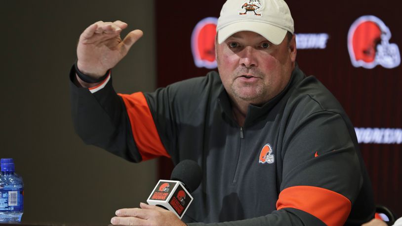 Cleveland Browns head coach Freddie Kitchens answers questions during a news conference at the NFL football team’s training camp facility, Wednesday, July 24, 2019, in Berea, Ohio. (AP Photo/Tony Dejak)