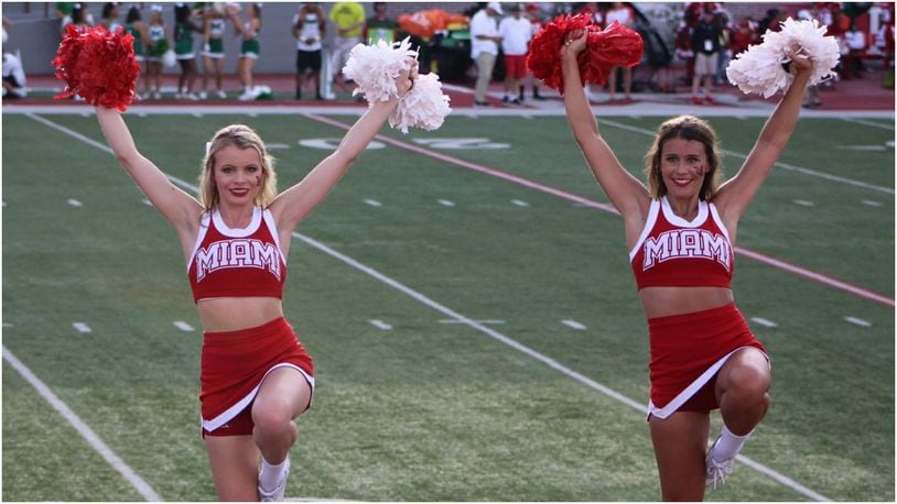 Maggie Eason, left, joined her sister, Mackenzie, on the Miami University cheerleading squad this year. The two cheered together in high school and are the daughters of Janna (Pyfrin) Eason, who was a cheerleader at Talawanda High School and Miami. CONTRIBUTED
