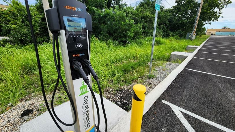 Hamilton has installed three charging points for electric vehicles, or commonly referenced as EVs. Pictured is the one, at 790 N. 3rd St. There are also EV charging points at 123 Main St. and 218 S. 3rd St. NICK GRAHAM/STAFF