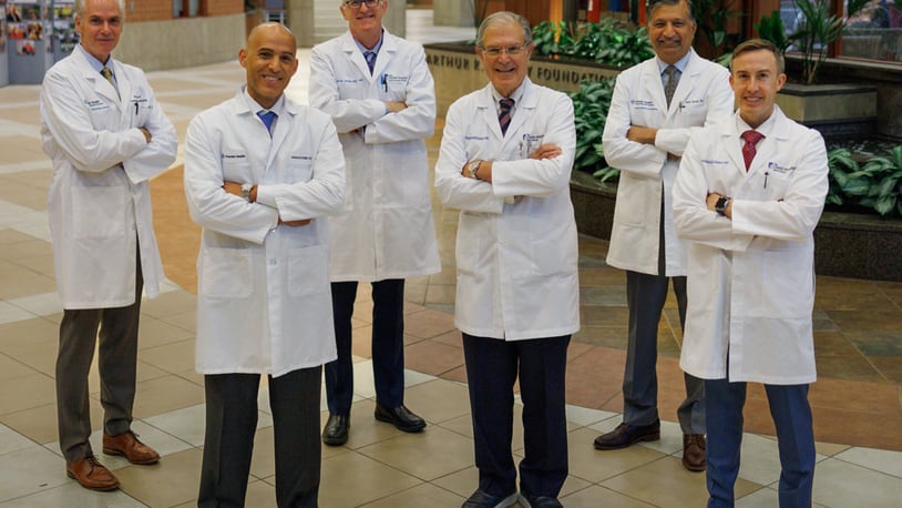 Pictured left to right: Dr. Robert Bulow, service line executive leader for Cardiovascular Service Line at Premier Health; Dr. Mouhamad Abdallah, medical director for Cardiac Cath Lab at Atrium Medical Center; Dr. Robert Dowling,  surgical director of the Christ Hospital Health Network Heart Transplant Program; Dr. Dean Kereiakes, president of The Christ Hospital Health Network Heart & Vascular Institute; Dr. Amit Goyal, chair of the Premier Cardiology Institute; Dr. Thomas O’Brien, medical director of the Christ Hospital Health Network Heart and Vascular Institute. CONTRIBUTED