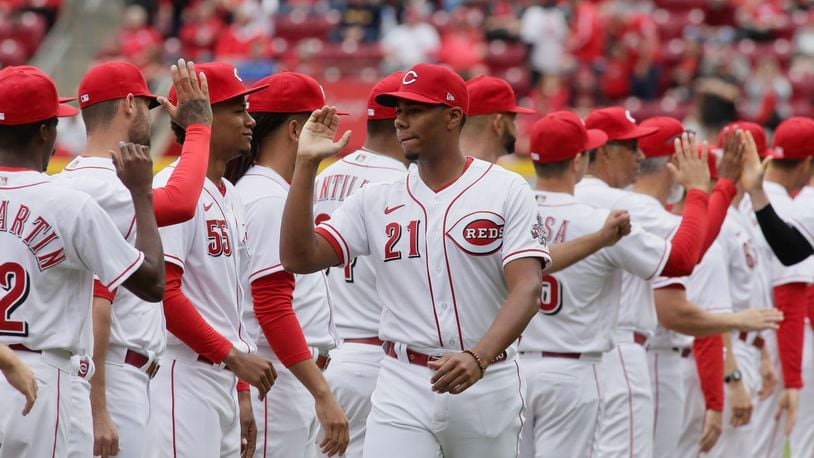 Reds pitcher Hunter Greene is introduced on Opening Day in Cincinnati on April 12, 2022, at Great American Ball Park. David Jablonski/Staff