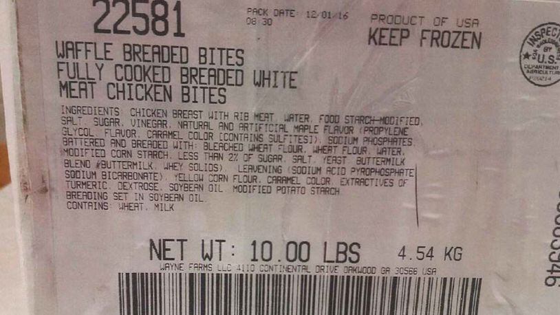 Cases of 2 5-lb bags of "Waffle Breaded Bites: Fully Cooked Breaded White Meat Chicken Bites" have been recalled.