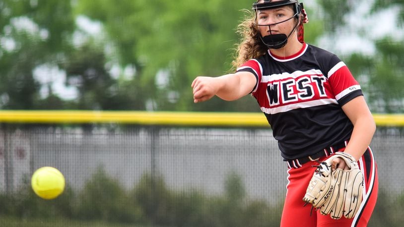 Lakota West's KK Mathis pitches during their Division I district championship softball game against Fairfield Friday, May 17, 2019 at Lakota East High School in Liberty Township. Lakota West won 8-2. NICK GRAHAM/STAFF