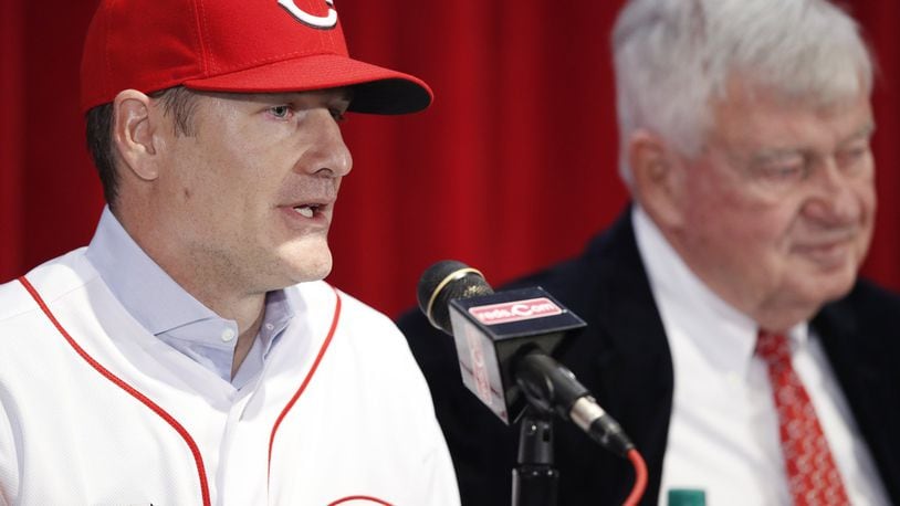 David Bell speaks to the media after he was introduced as the new manager for the Cincinnati Reds as owner and CEO Bob Castellini looks on at Great American Ball Park on Monday. (Photo by Joe Robbins/Getty Images)