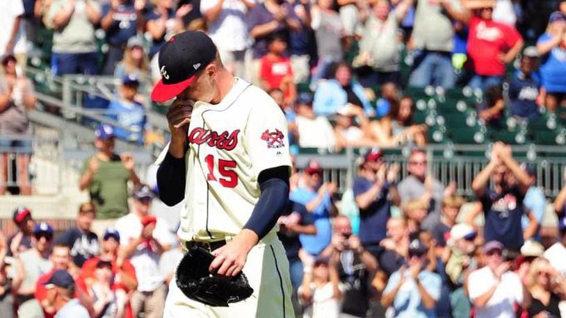 Braves pitcher Sean Newcomb leaves the game in the ninth inning against the Los Angeles Dodgers Sunday, July 29, 2018, at SunTrust Park in Atlanta.