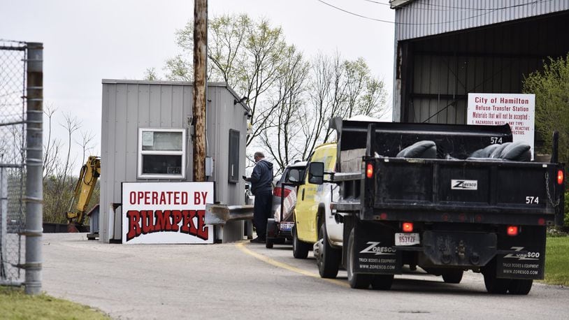 A line forms outside the Rumpke Refuse Transfer Station April 15 in Hamilton. NICK GRAHAM / STAFF