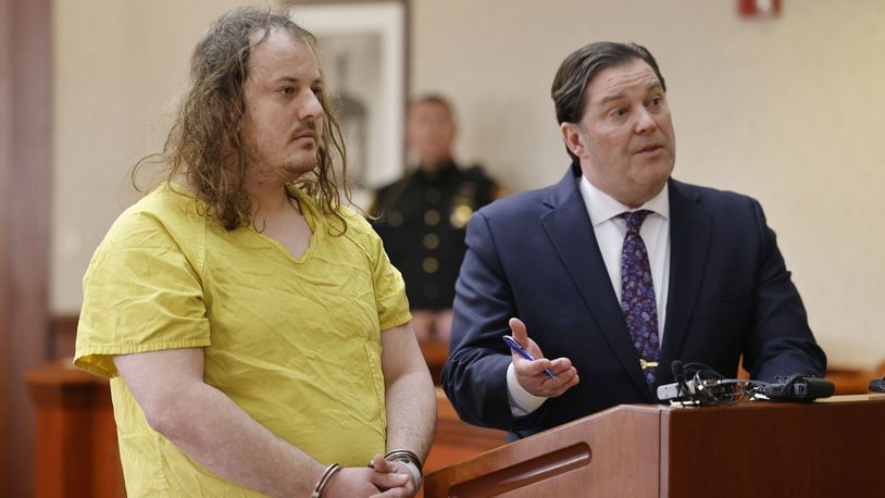 Jonathan Palmerton, left, with defense attorney Kenneth Crehan, was arraigned on a perjury charge in connection to the Katelyn Markham death case Wednesday, Feb. 22, 2023 in front of Judge Jennifer McElfresh in Butler County Common Pleas Court in Hamilton. NICK GRAHAM/STAFF