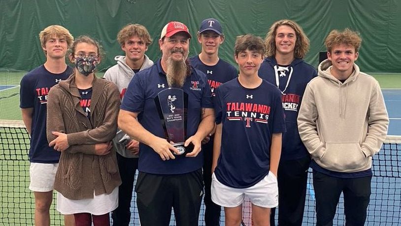 Talawanda’s boys tennis team brought home the trophy for the Southwest Ohio Conference championship. Pictured are (front row, from left) sophomore Jade Ney, coach Pete Thomas and freshman Milo Flaspohler; (back row) sophomore Bryce James, senior Justin Clawson, sophomore Aidan Bruder, senior Max Kelly and senior Jake Clawson. CONTRIBUTED