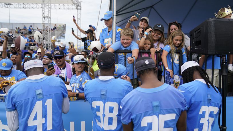 FILE - Los Angeles Chargers safety Raheem Layne (41), cornerback Cam Brown (38), cornerback Amechi Uzodinma (35) and cornerback Ja'Sir Taylor (36) sign autographs for fans during the NFL football team's training camp, Saturday, July 29, 2023, in Costa Mesa, Calif. For at least one year, Southern California will be a prime spot for NFL training camps. With the Costa Mesa City Council unanimously approving a deal with the Las Vegas Raiders, five teams, the Raiders, Chargers, Rams, Saints and Cowboys, will be holding their practices within a 105-mile radius in late July and early August. (AP Photo/Ashley Landis, File)