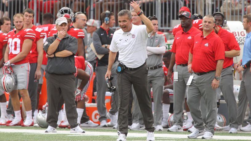 Ohio State’s Urban Meyer shouts to his team during a game against Army on Saturday, Sept. 26, 2017, at Ohio Stadium in Columbus. David Jablonski/Staff
