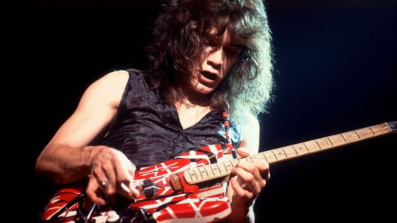 Eddie Van Halen performs onstage with his Frankenstrat guitar during a 1978 concert in Chicago.