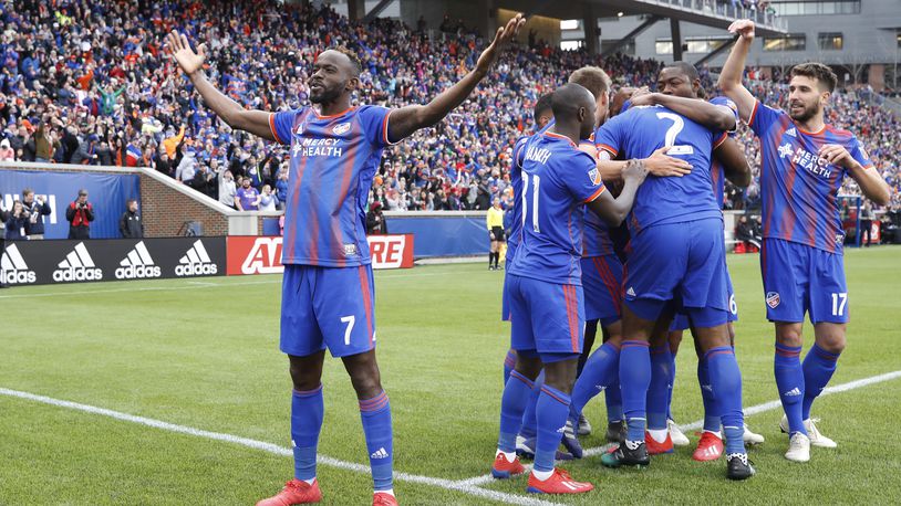 CINCINNATI, OH - MARCH 17: FC Cincinnati players celebrate after a goal against the Portland Timbers in the first half at Nippert Stadium on March 17, 2019 in Cincinnati, Ohio. (Photo by Joe Robbins/Getty Images)