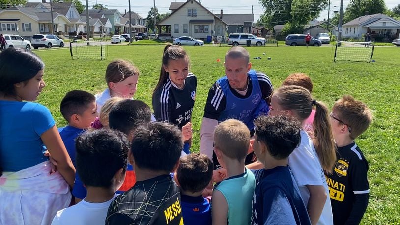 FC Cincinnati community ambassadors worked with 40 youth May 25, 2023 at Jefferson Park in Hamilton to teach soccer skills. JEFF ARCHIABLE/TVHAMILTON