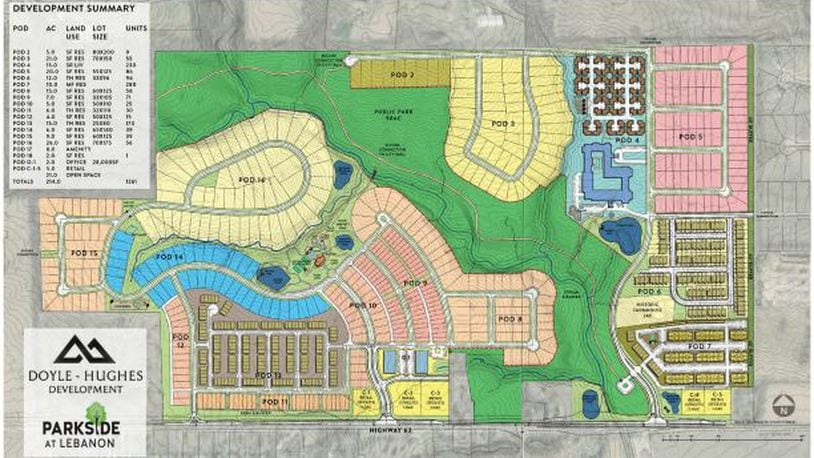 This is an updated map of the proposed $450 million Parkside at Lebanon development concept plan presented to the city Planning Commission. The development is located off Ohio 63 west of Lebanon. CONTRIBUTED/CITY OF LEBANON