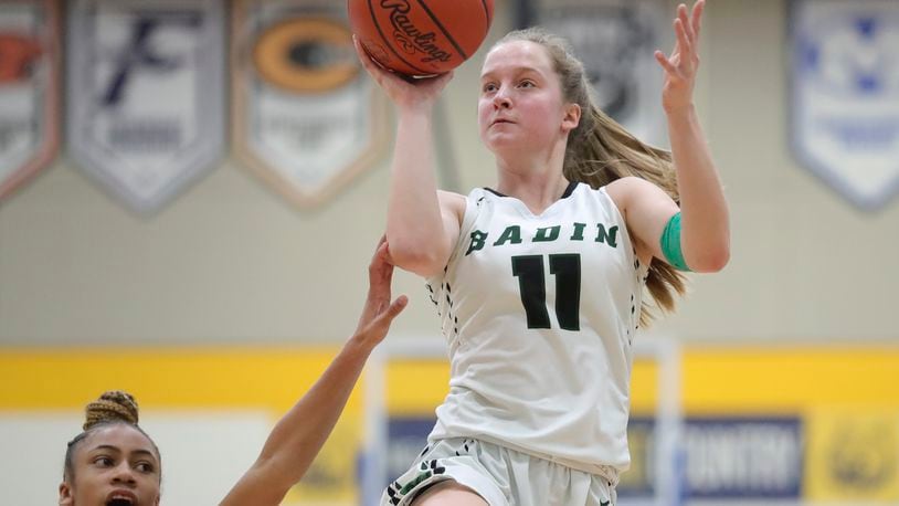 Badin's Jada Pohlen puts up a shot during a Division II regional semifinal vs. Columbus Bishop Hartley at Springfield High School on March 2, 2021. Pohlen scored 16 Saturday in a tournament win over Madison. Michael Cooper/CONTRIBUTED