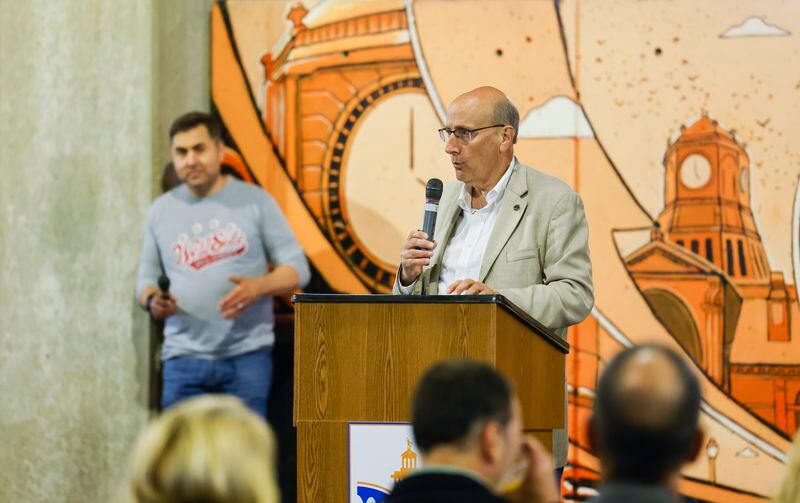 Hamilton mayor Pat Moeller speaks during the state of the city address under the McDulin Parking Garage Thursday, May 5, 2022. The location was moved from the original location of Municipal Brew Works due to rain.  NICK GRAHAM/STAFF