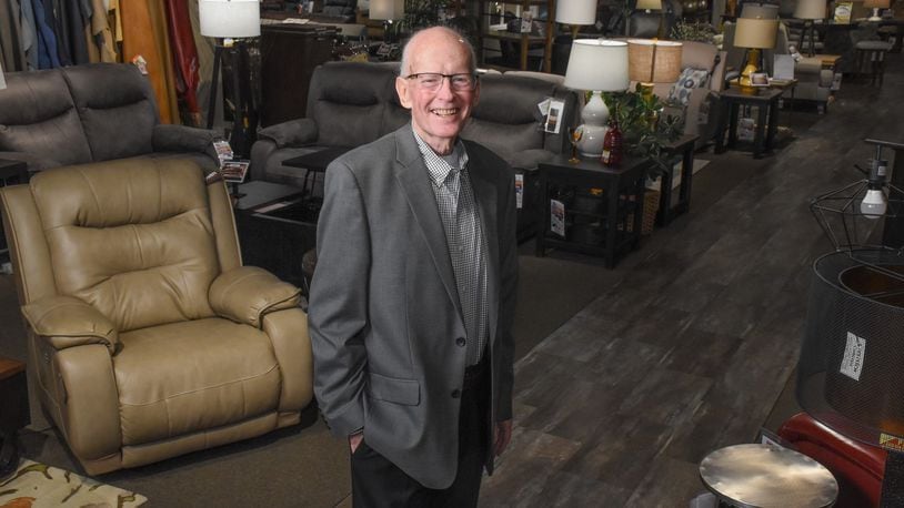 Riley Griiffiths, longtime owner of Riley’s Furniture in Monroe, is celebrating his 75th birthday Sunday by holding a open house for family and friends. He was diagnosed with pancreatic cancer in October 2018. RICK McCRABB/STAFF