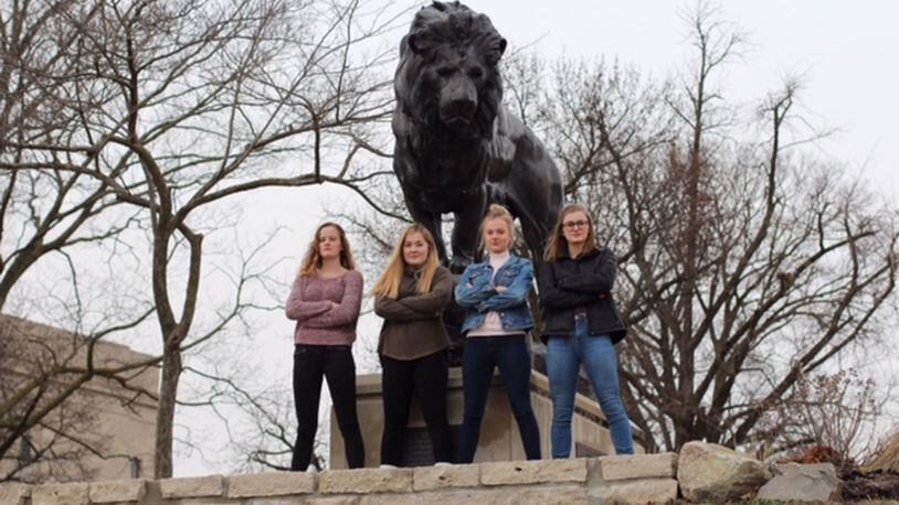 Oakwood High School sophomores ( left to right)  Claire Parker,  Dana Clark,  Zoe Waller and Ryann Mescher launched the Femme Aid Collaborative to  address period poverty in the Dayton area. They are pictured at the Dayton Art Institute.